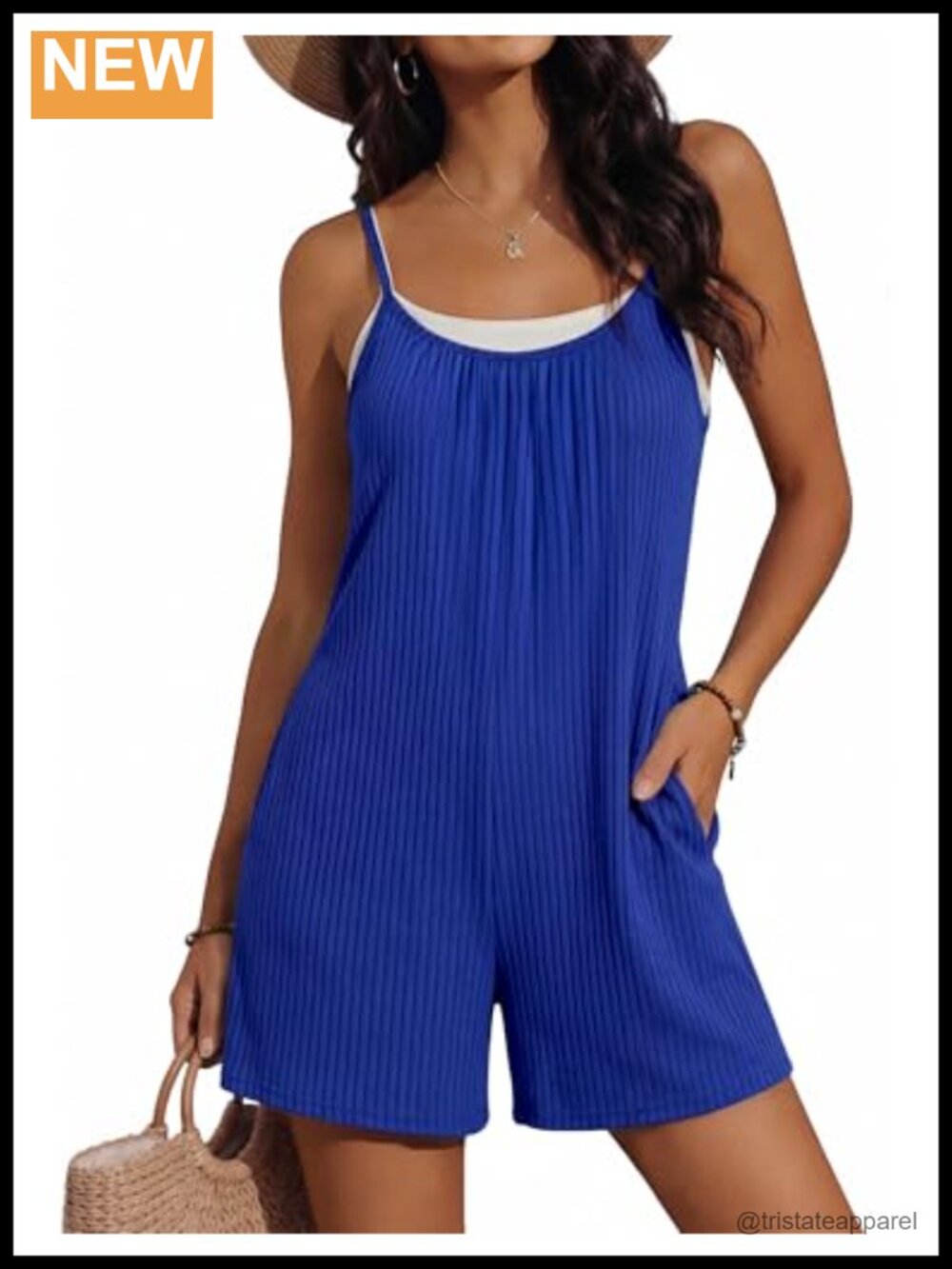 Sleeveless Ribbed Romper Adjustable Spaghetti Strap Short Jumpsuit with Pockets